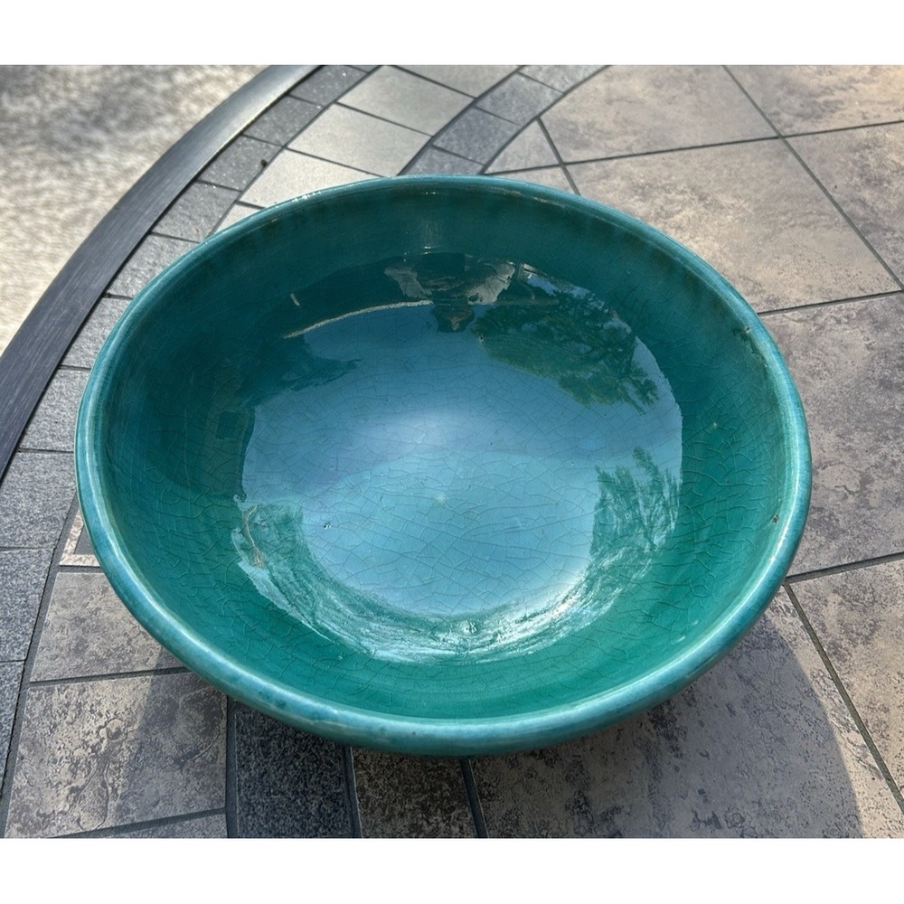 Vintage Green Glazed Redware Bowl Utilitarian Farm Catch-all Rustic‎ 10"D